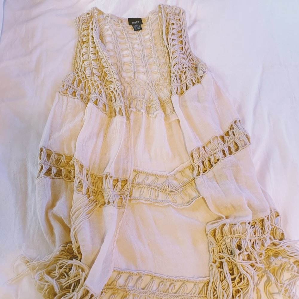 Cream Crochet Open Front Blouse